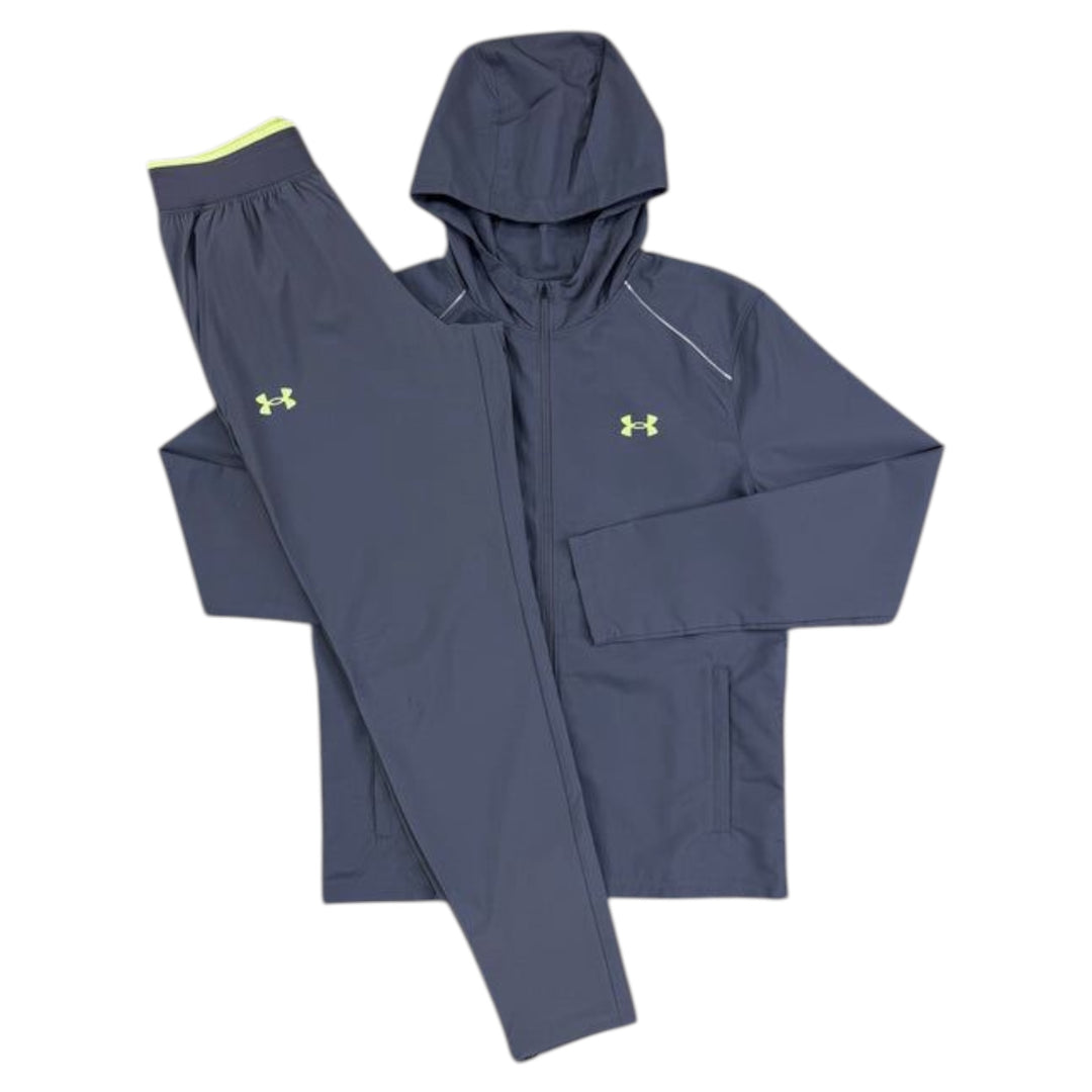 Under Armour Woven Jacket and Tracksuit Joggers Grey/Green Front View 
